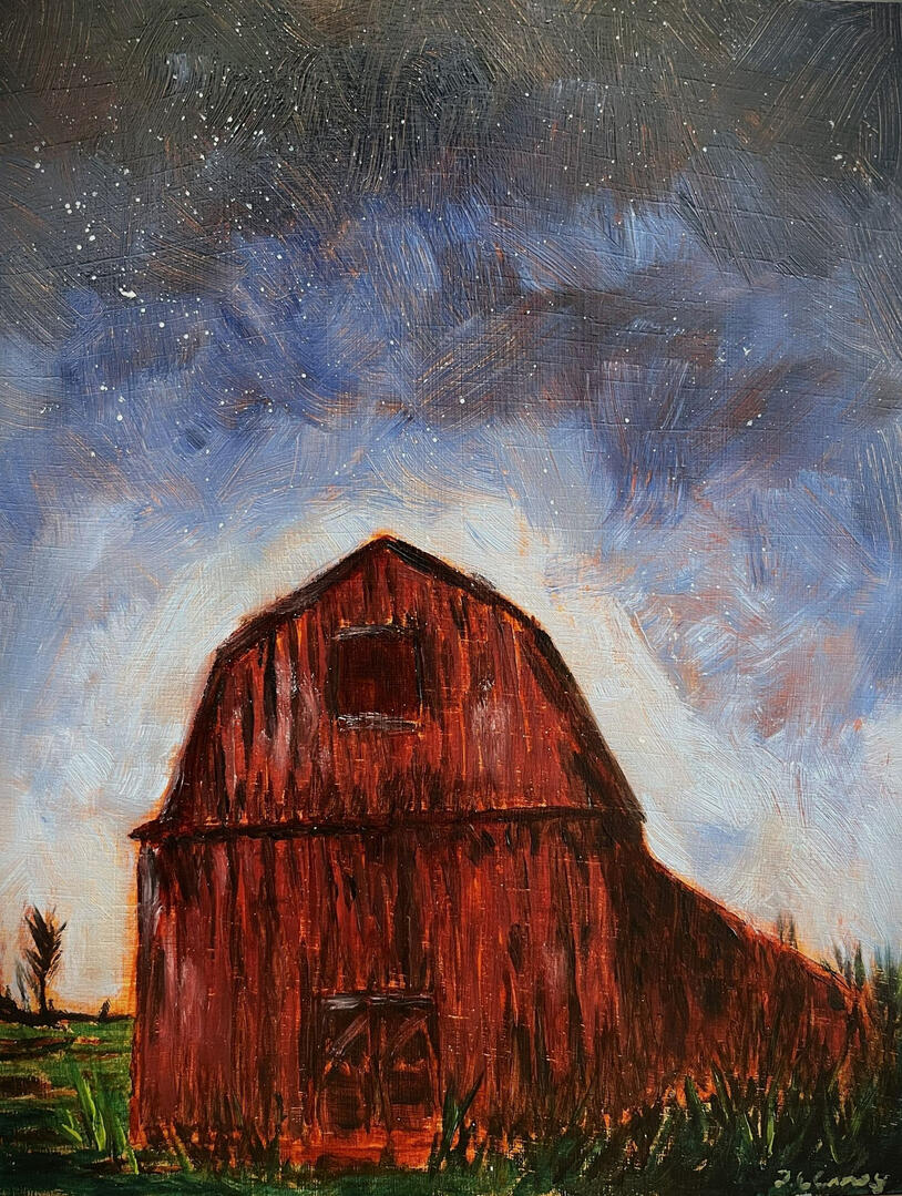 “Old Barn Night Sky” Oil on wood panel, 8"x10", Available. $125